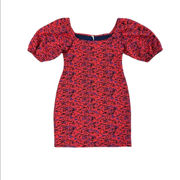 NWT Free People Red Combo Puffy Sleeve Mini Dress XS - Picture 5 of 15